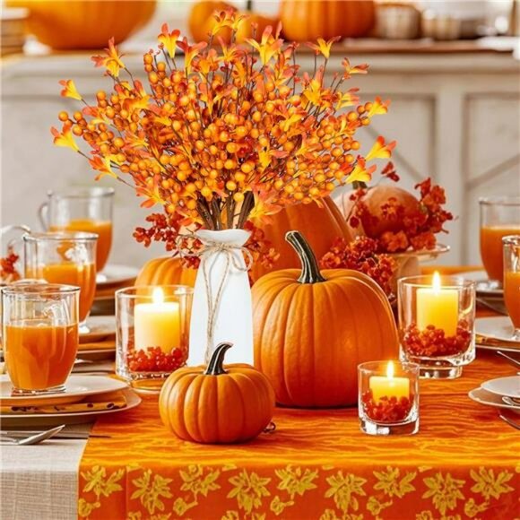 8pcs artificial fall flowers orange berry stems thanksgiving autumn vase centerp - Picture 2 of 7